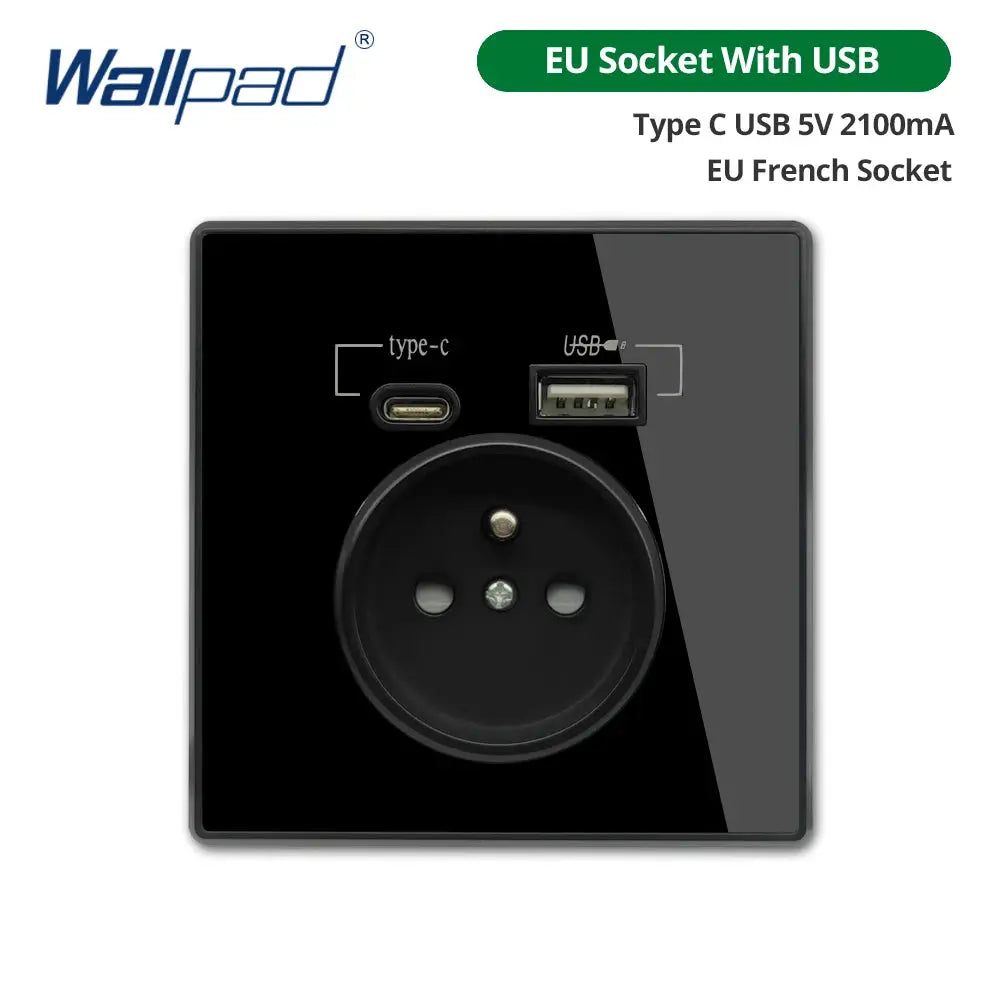 Wallpad 20W PD Type-C USB wall outlet with acrylic mirror black panel EU socket
