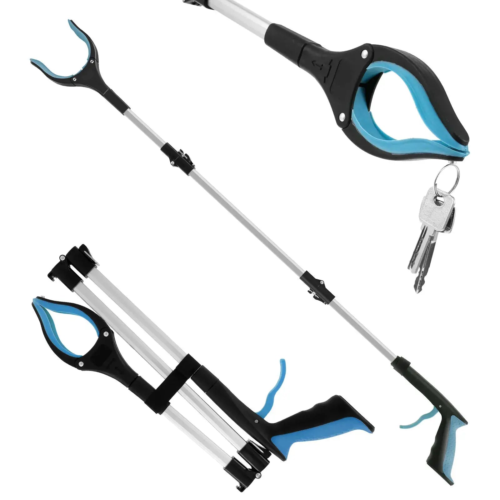 Simples Market foldable gripper extender litter picker with non-slip blue jaw and aluminum shaft, 2-piece set.