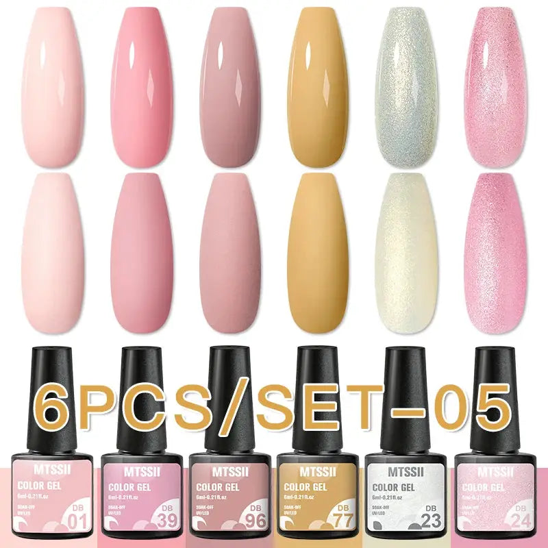 Simples Market 6-piece gel nail polish set with pastel pink and glitter shades