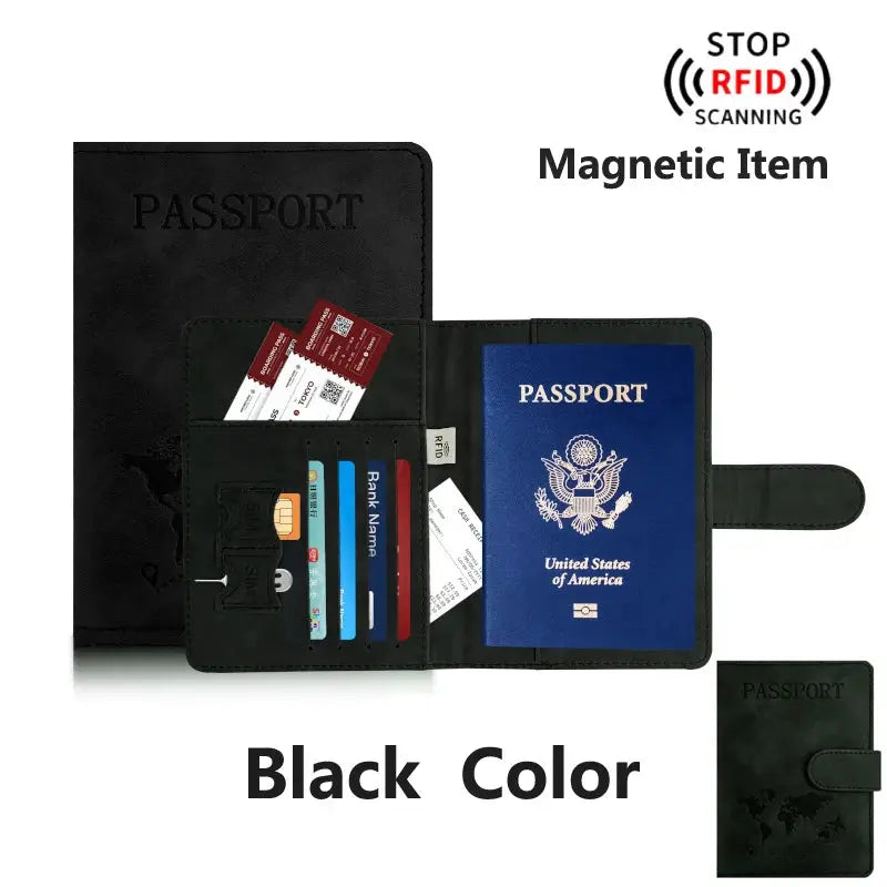 Black leather passport holder with card slots for travel essentials