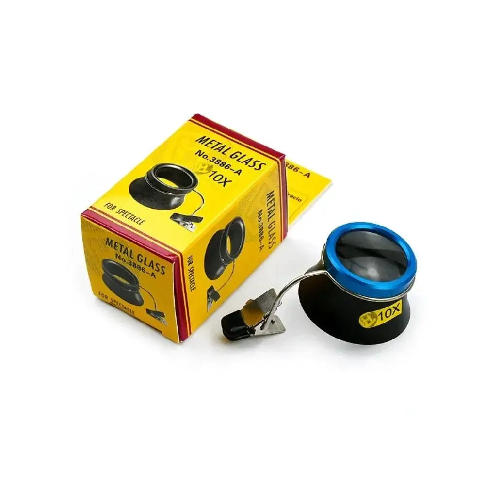 Clip-on watchmaker magnifier kit with blue rim, 5X/10X/20X, metal clip, yellow packaging for jewelry repair