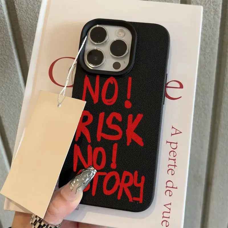 Phone case for iPhone, black textured back with red bold text, shockproof bumper, tag attached