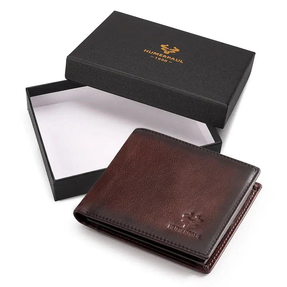 KAVIS handmade men's brown genuine leather wallet with RFID card holder, large capacity, beside a HUMERPAUL box