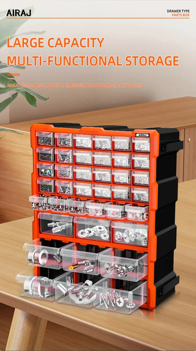 AIRAJ 15-inch orange-framed multi-drawer parts storage box with clear plastic bins