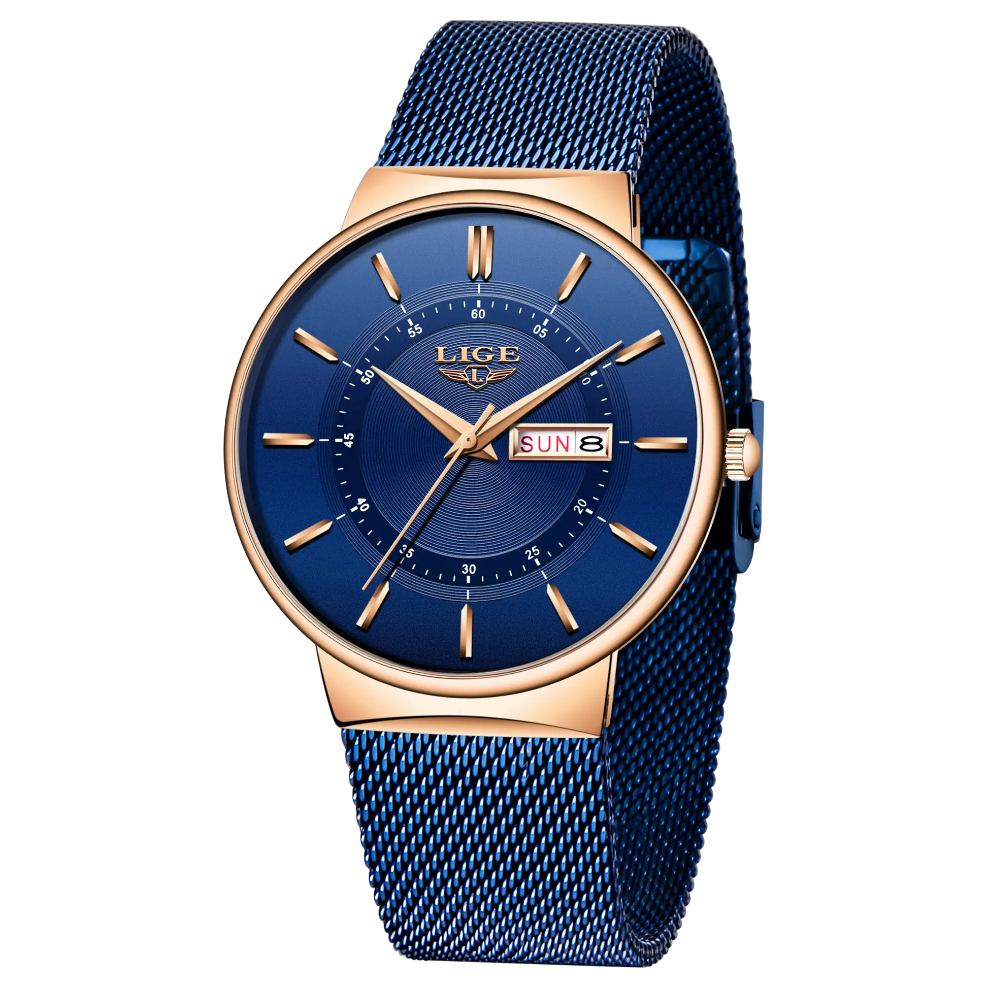 LIGE men's blue dial watch with rose-gold case and blue steel mesh strap