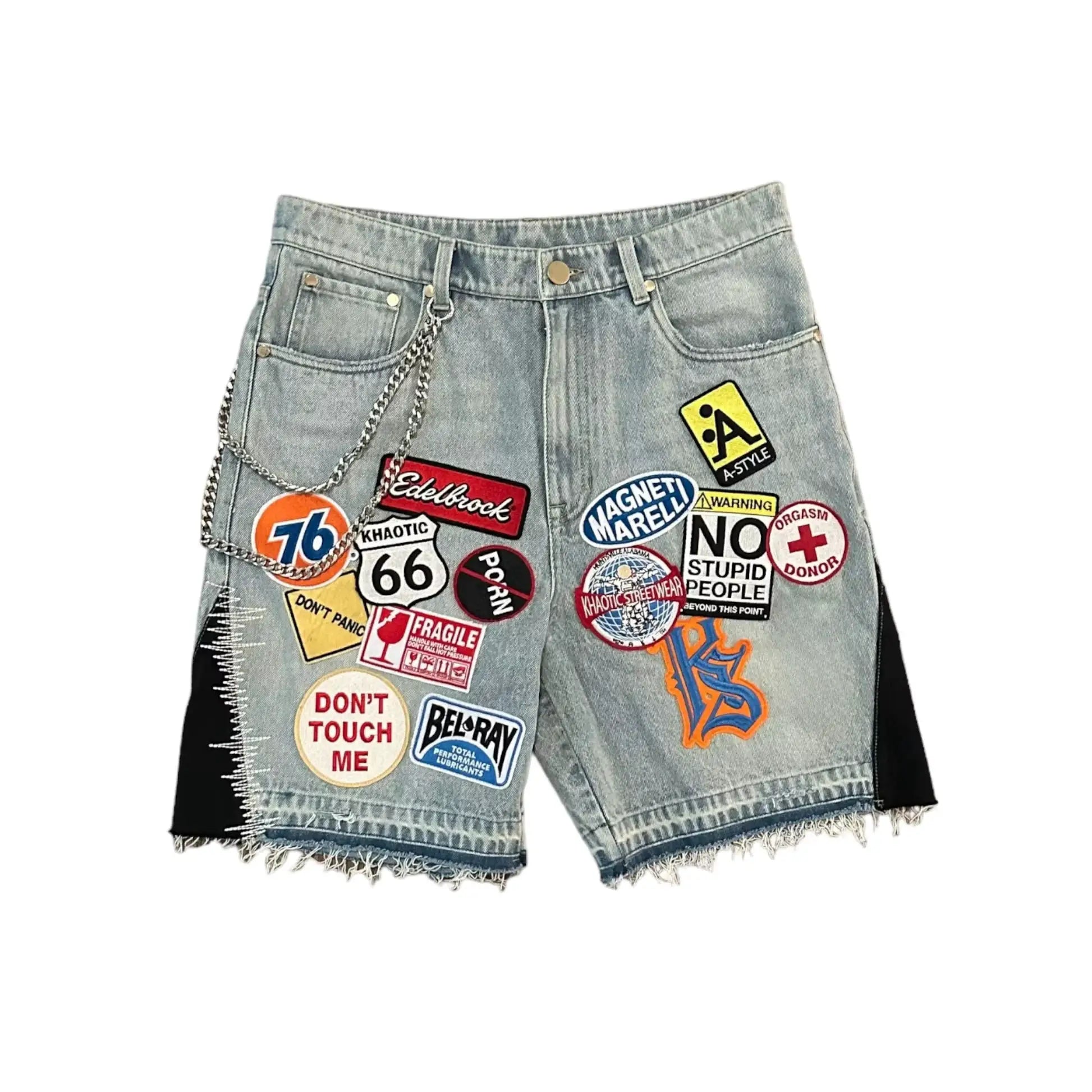 Denim shorts with retro patchwork, light blue wash, and silver chain detail.