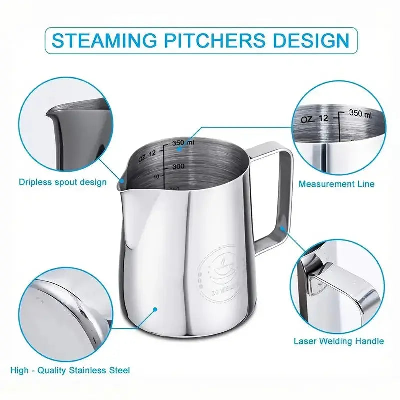 Kemorela Stainless Steel Milk Frothing Pitcher With Scale 350ml 600ml 900ml For Latte Cappuccino Espresso