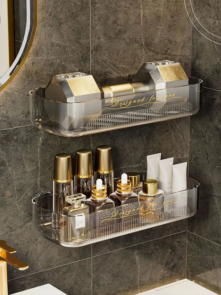 Acrylic bathroom storage rack, two-piece wall-mounted shelves with clear acrylic and gold accents by Simples Market