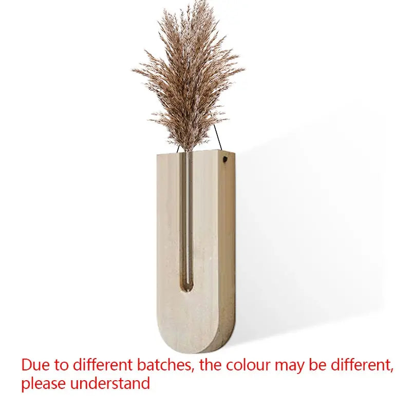 Wooden hanging wall planter with vertical tube vase, natural wood finish.
