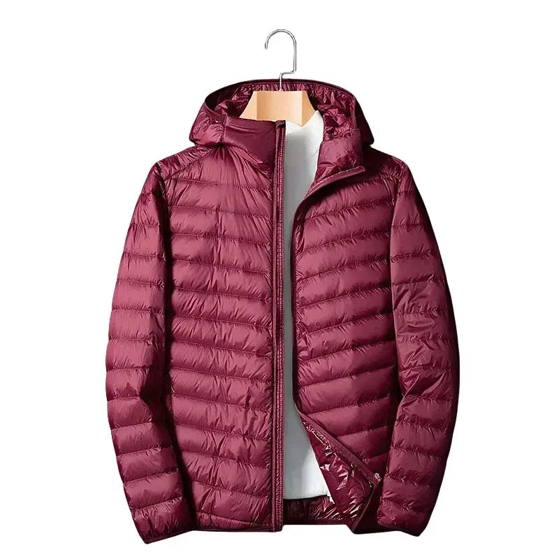 Men's burgundy hooded down jacket; lightweight quilted puffer