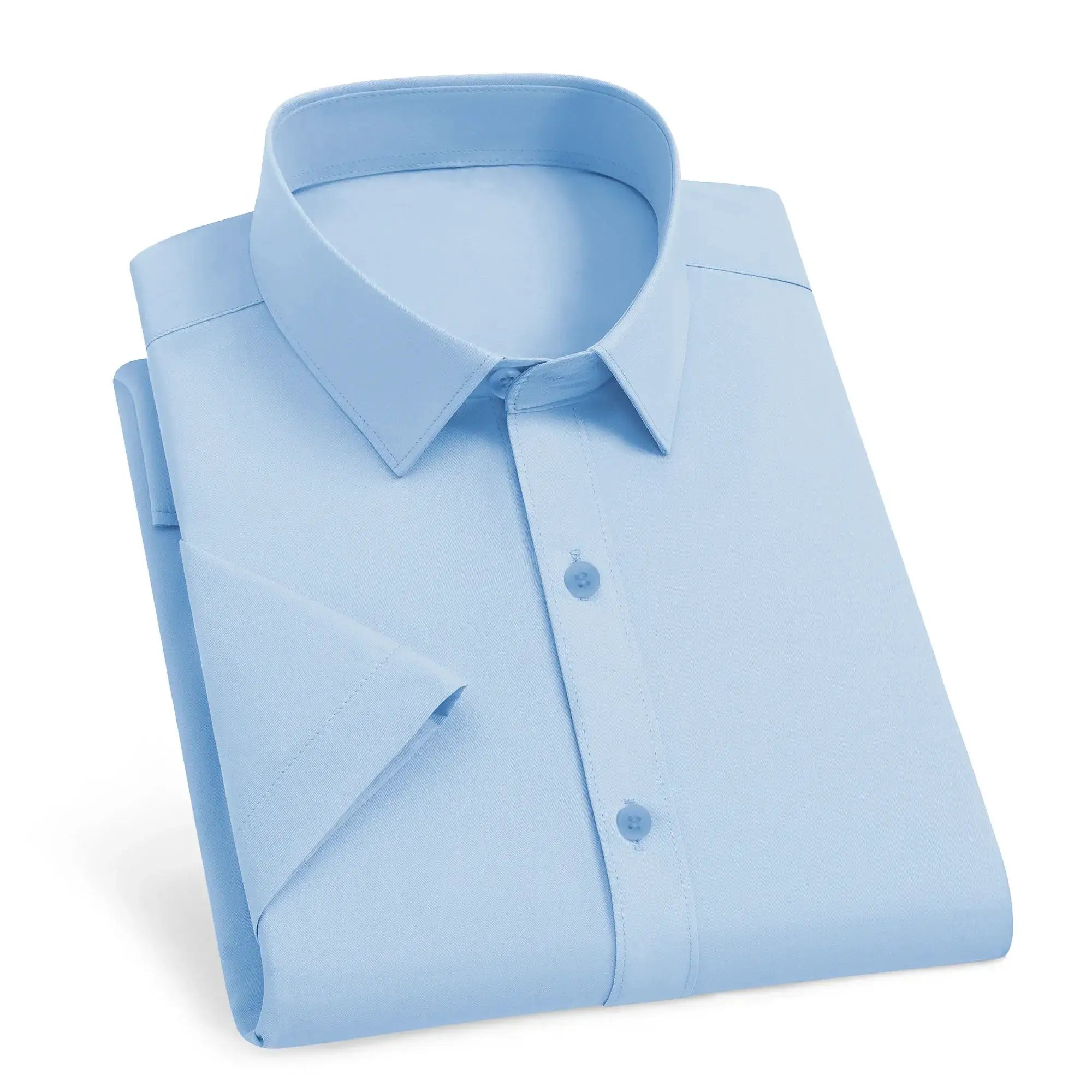 Men's light blue solid dress shirt, folded with collar and buttons.