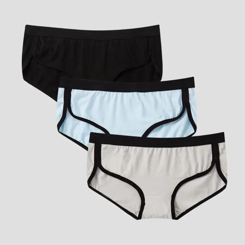 BANNIROU 3-pack women's cotton briefs, low-rise breathable; black, light blue, beige with black trim, Simples Market.