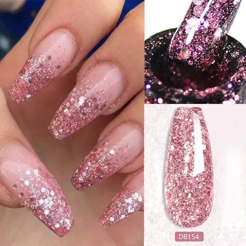 Mtssii pink glitter gel nail polish set, 6-piece with sequins, base and top coats for LED/UV soak-off nails