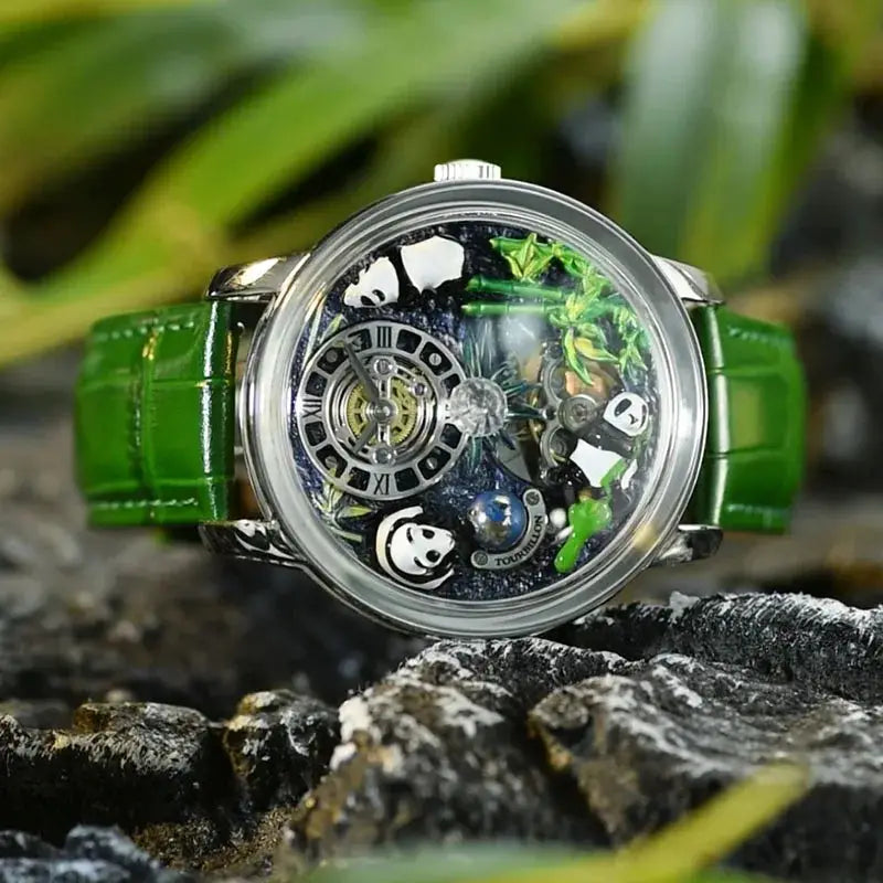 Men's Panda Series mechanical wristwatch with green leather strap and panda motif skeleton dial