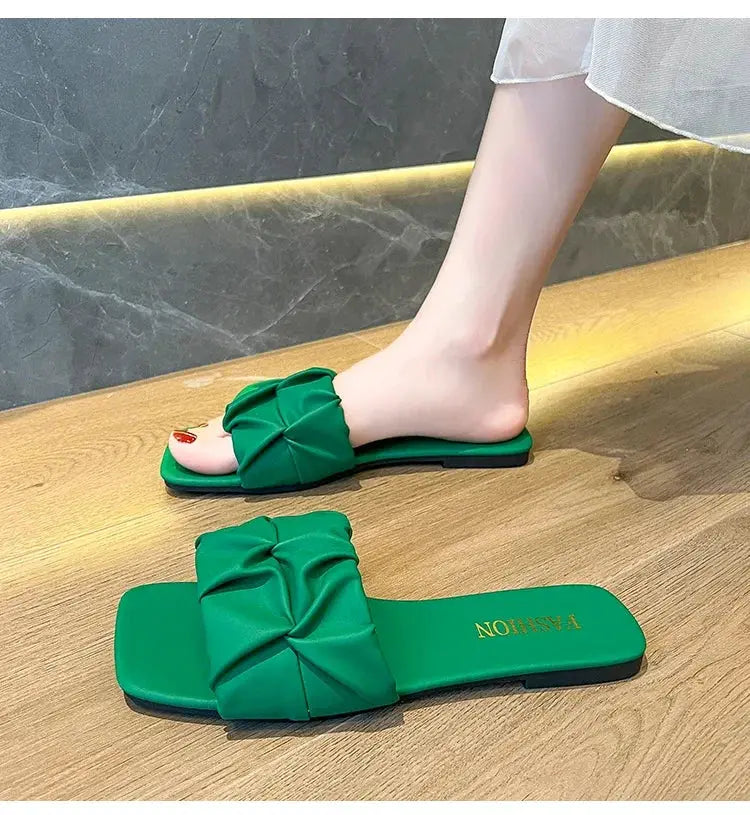 SeoulSole Pleated Korean Slippers For Women Green Summer Slip On Flats With Breathable Comfort