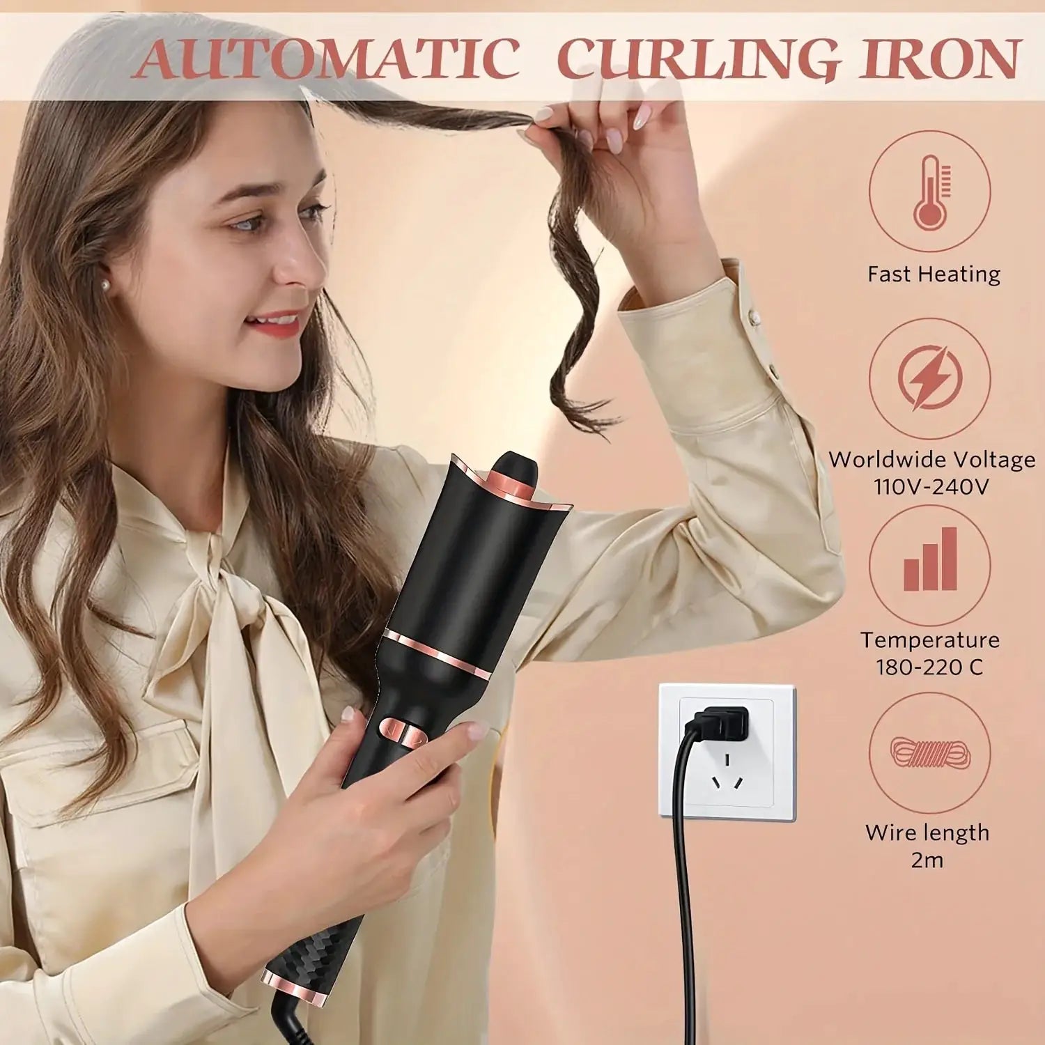 Automatic hair curler with ceramic rotating wand, black with rose-gold accents.