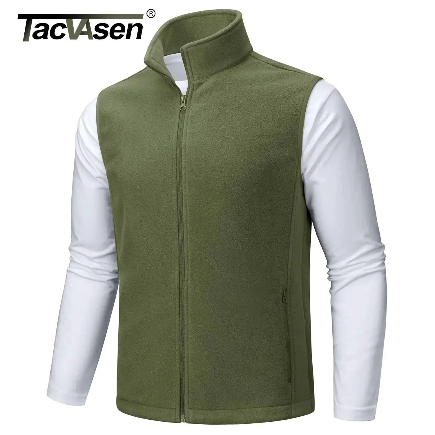 TACVASEN olive green fleece vest jacket for men, sleeveless with stand collar and full-zip