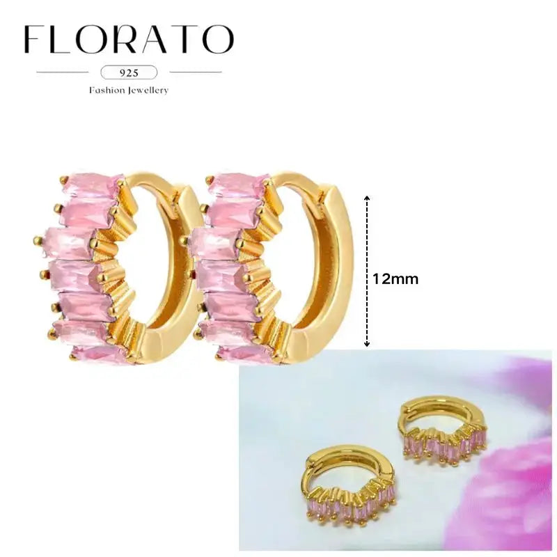 Pair of gold-tone hoop earrings with pink zircon stones, 12mm diameter, Florato 925 fashion jewelry