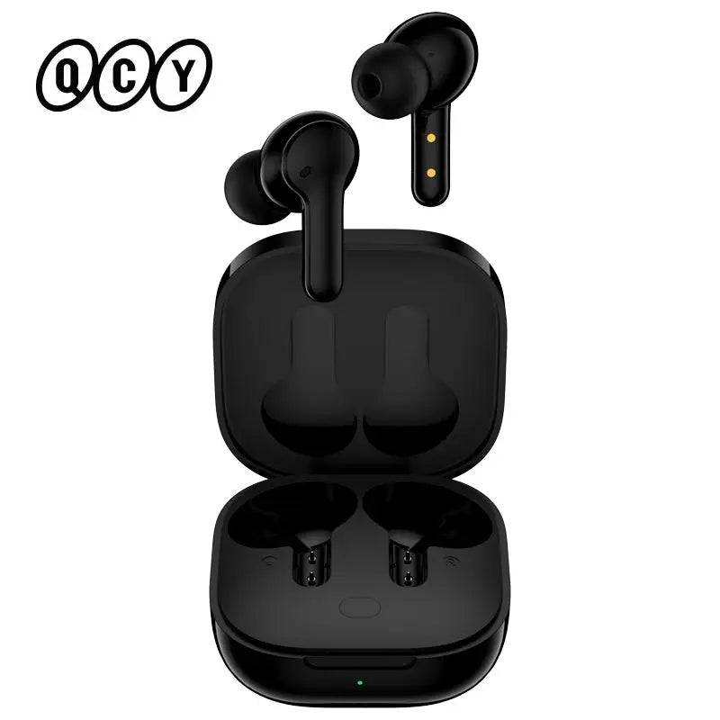 QCY T13 wireless earbuds pair in black with charging case