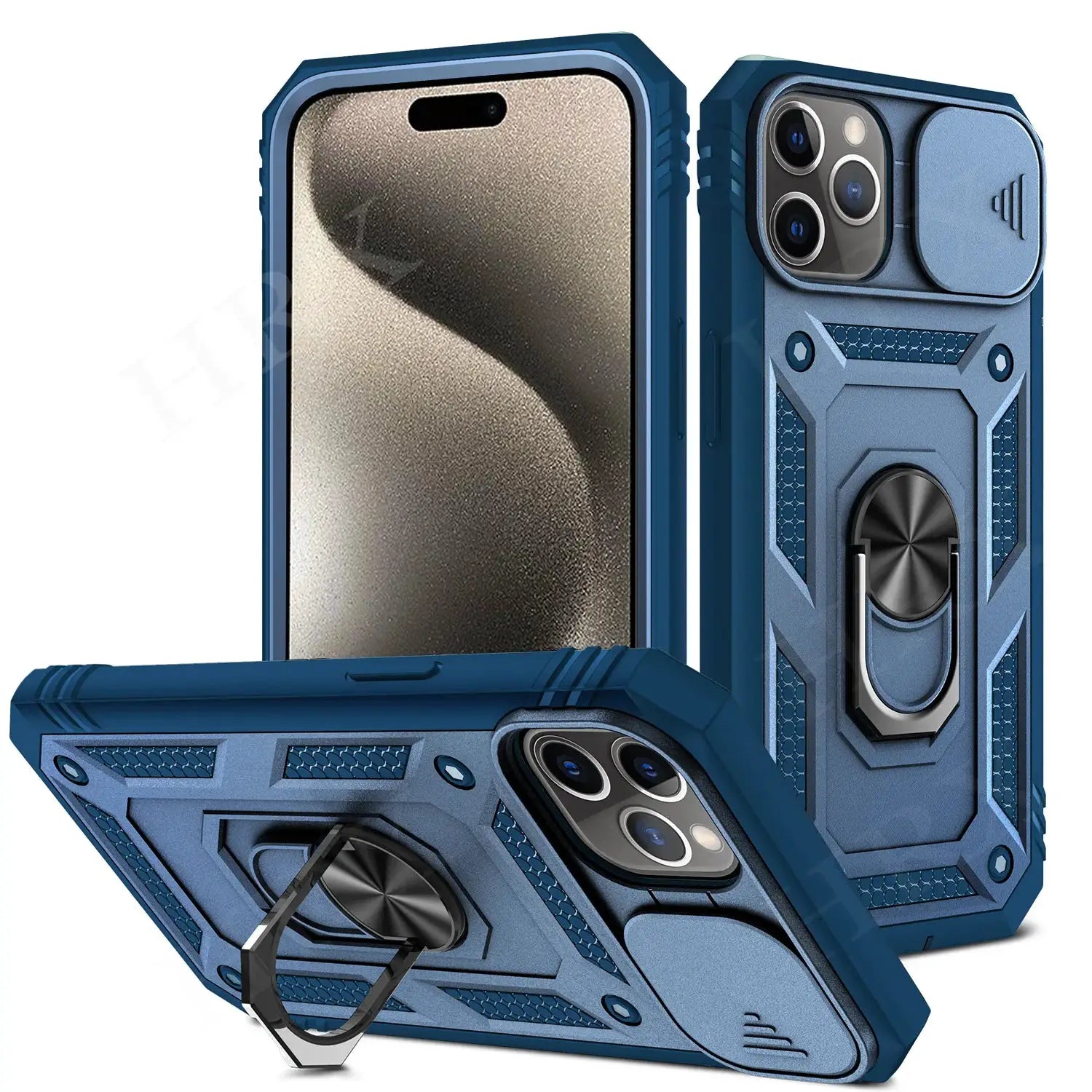 Blue 360° rugged phone cases with sliding camera cover and built-in ring stand (2-pack)
