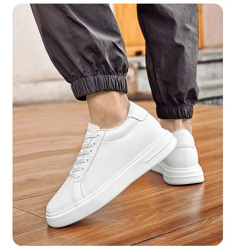 Men's white leather elevator sneakers with height-boosting thick sole