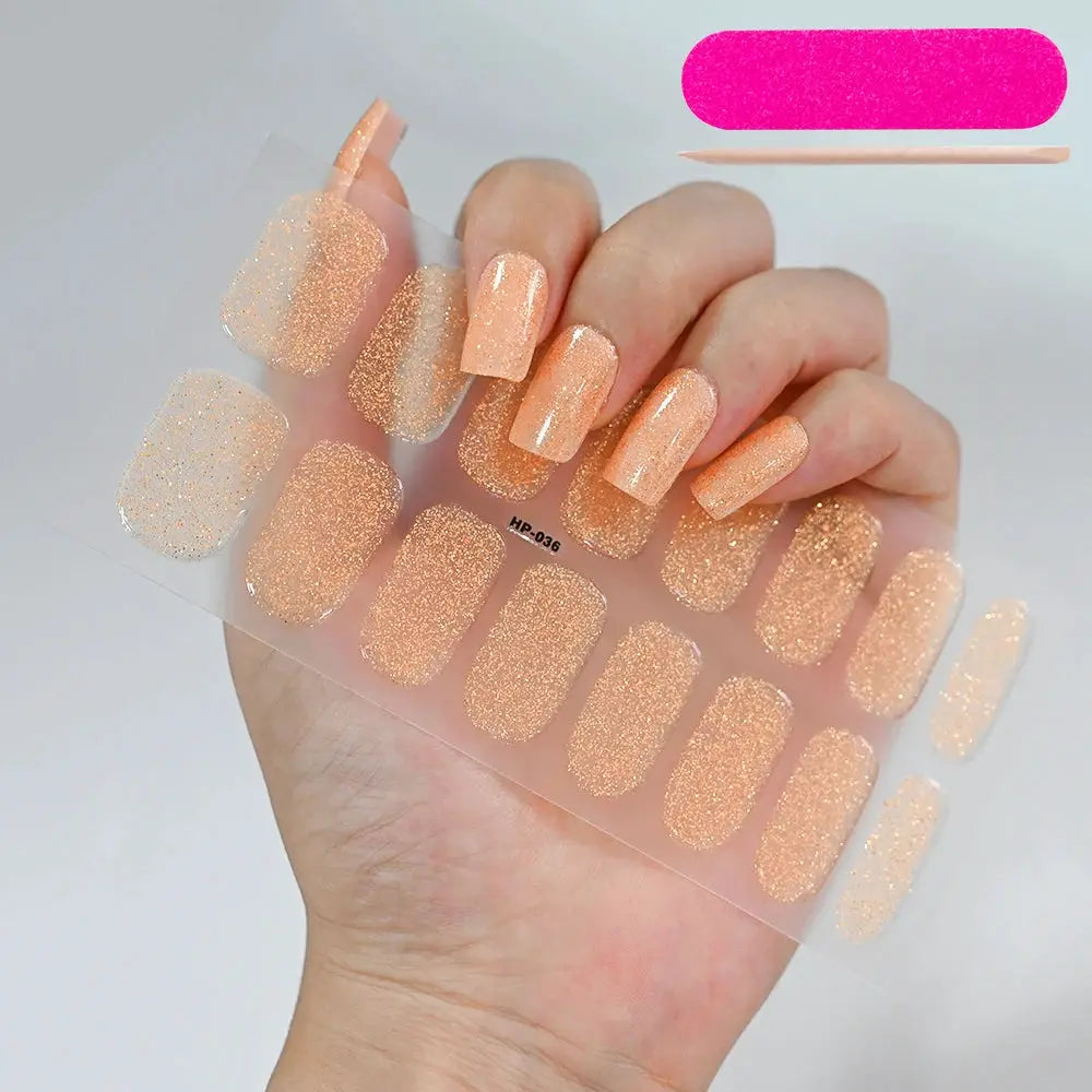 Nail sticker sheet with peach glitter full-cover decals (16 tips) for UV gel nails