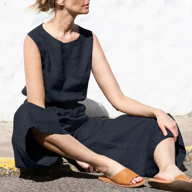 Cotton and linen jumpsuit for women, sleeveless solid dark navy, high waist with pockets, wide legs
