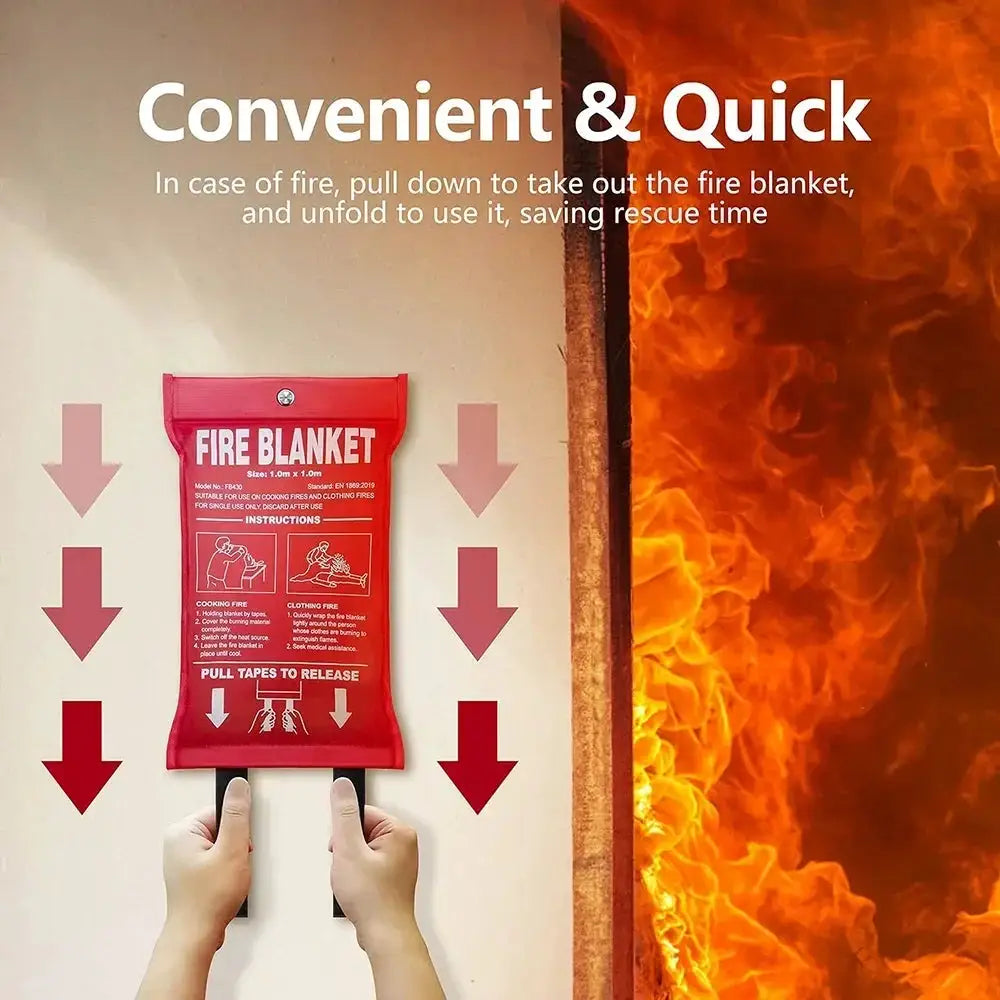 Fire blanket in red fiberglass pouch by Simples Market, for home safety with pull-tab release and instructional graphics.