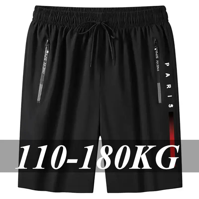 Men's plus-size black gym shorts with drawstring waist and zip pockets, PARIS branding