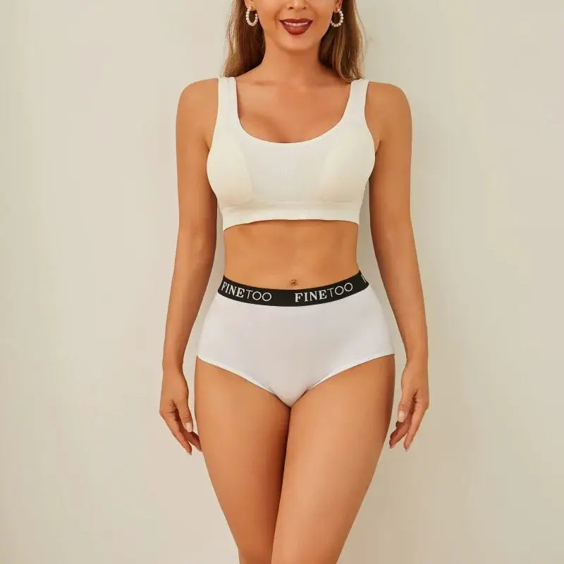 Finetoo white cotton underwear two-piece set with black logo waistband worn by model