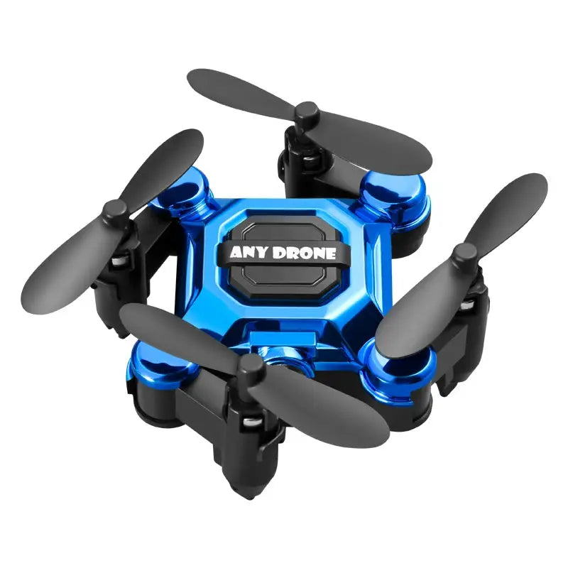 Mini blue quadcopter drone with four black propellers and Any Drone logo on top