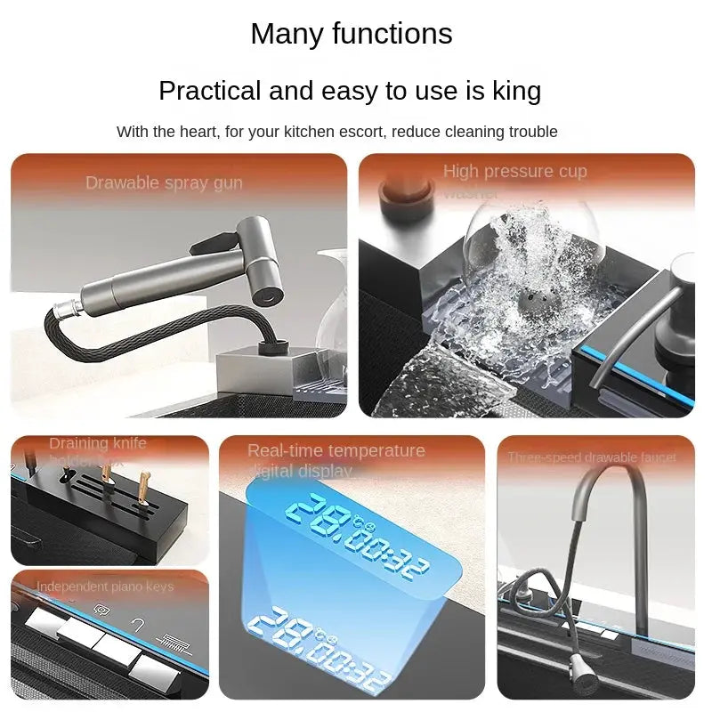 Simples Market large single-slot 304 stainless steel waterfall kitchen sink with digital display