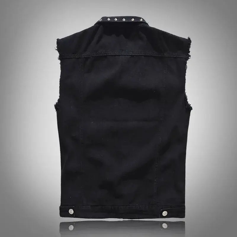 Black denim sleeveless vest with studded collar; back view shows distressed armholes and metal snaps.