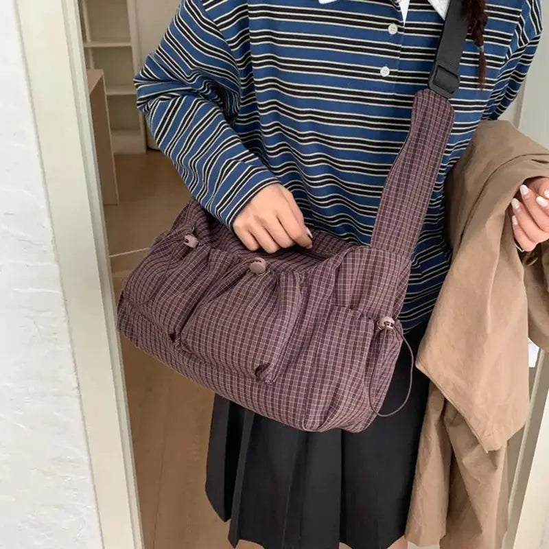 Korean nylon shoulder bag by Simples Market, purple plaid zipper tote with drawstring, crossbody strap