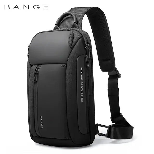 BANGE black chest crossbody bag with padded shoulder strap and multiple zip pockets