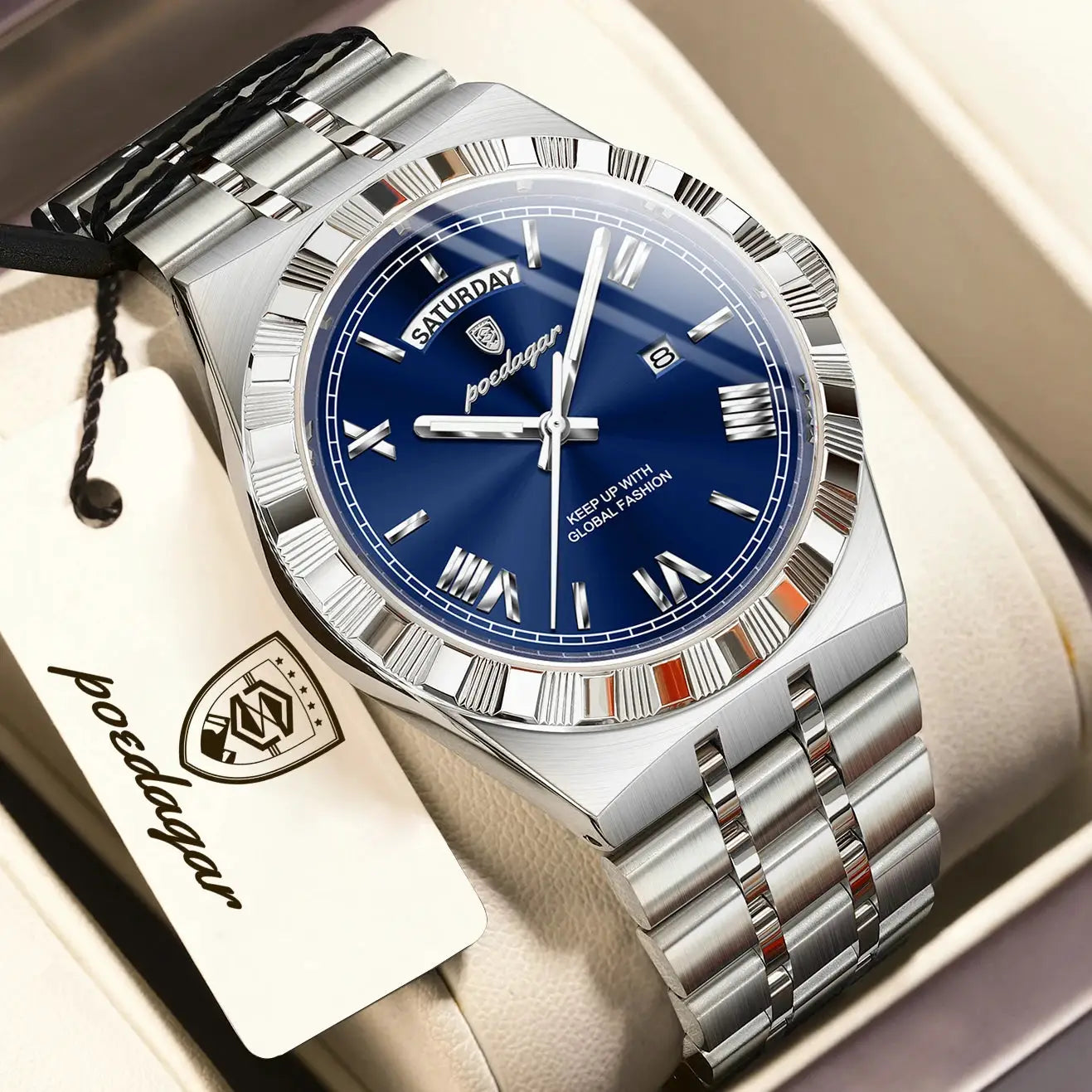 Poedagar men's stainless steel wristwatch with blue dial and day-date display