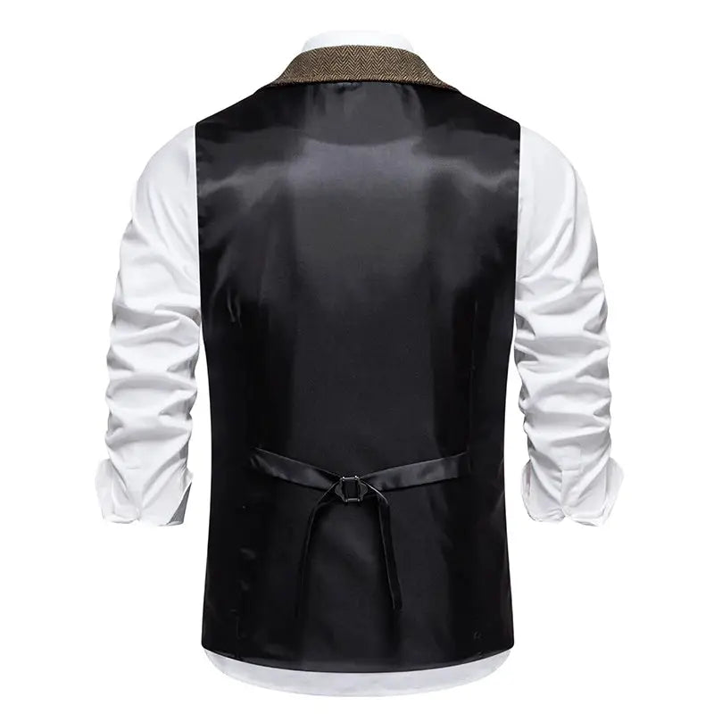 Men's retro lapel vest with black satin back, brown herringbone collar, and waist tie