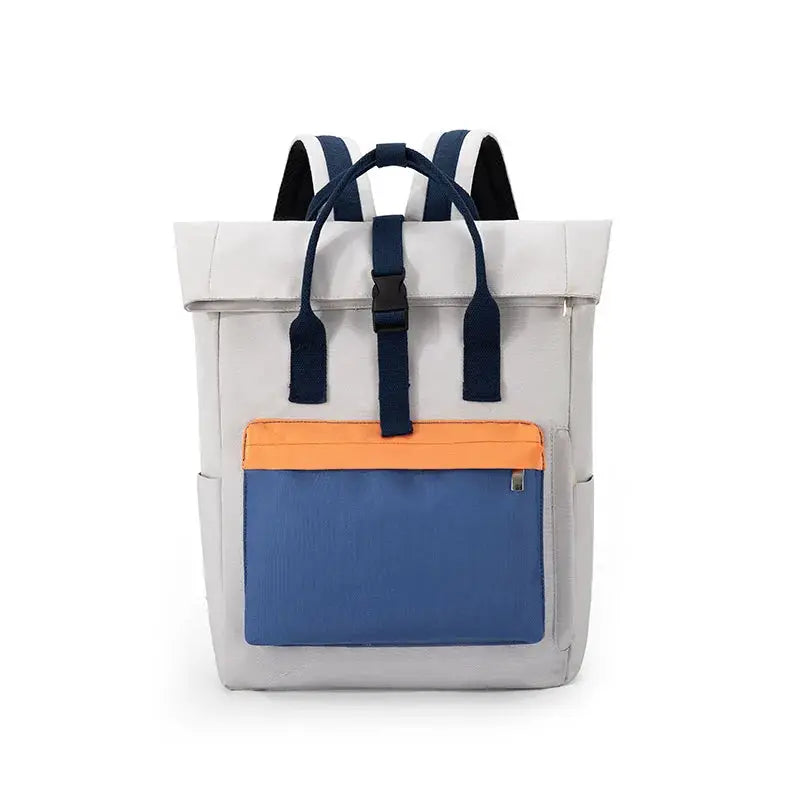 Large-capacity school backpack in light gray with blue front pocket and orange zipper, navy straps