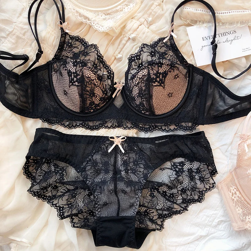 Lace Push Up Bra Lingerie Set With Bow Three Quarter Cup Bralette