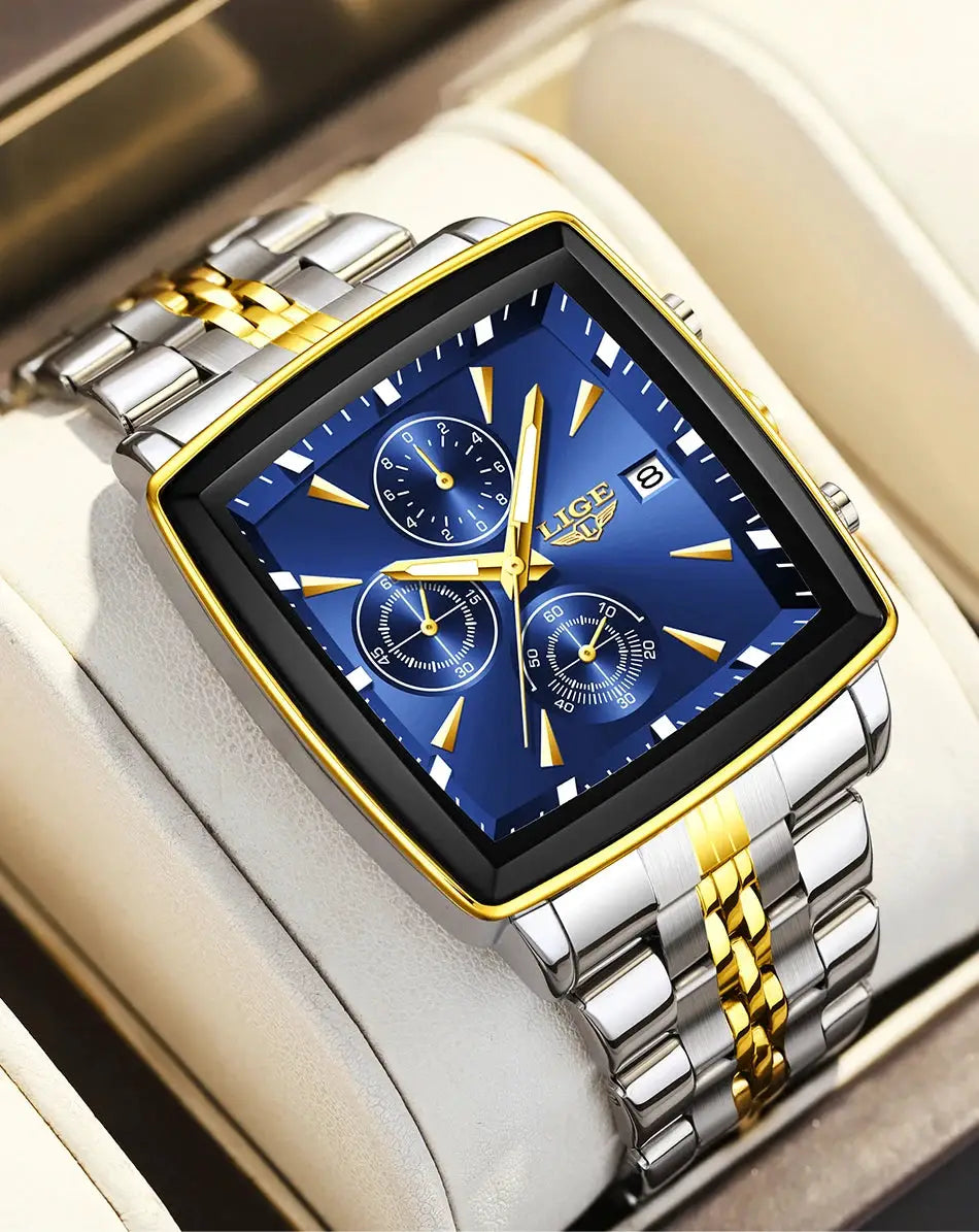 LIGE men's square-dial watch with blue face, chronograph subdials, date, two-tone stainless steel band in box