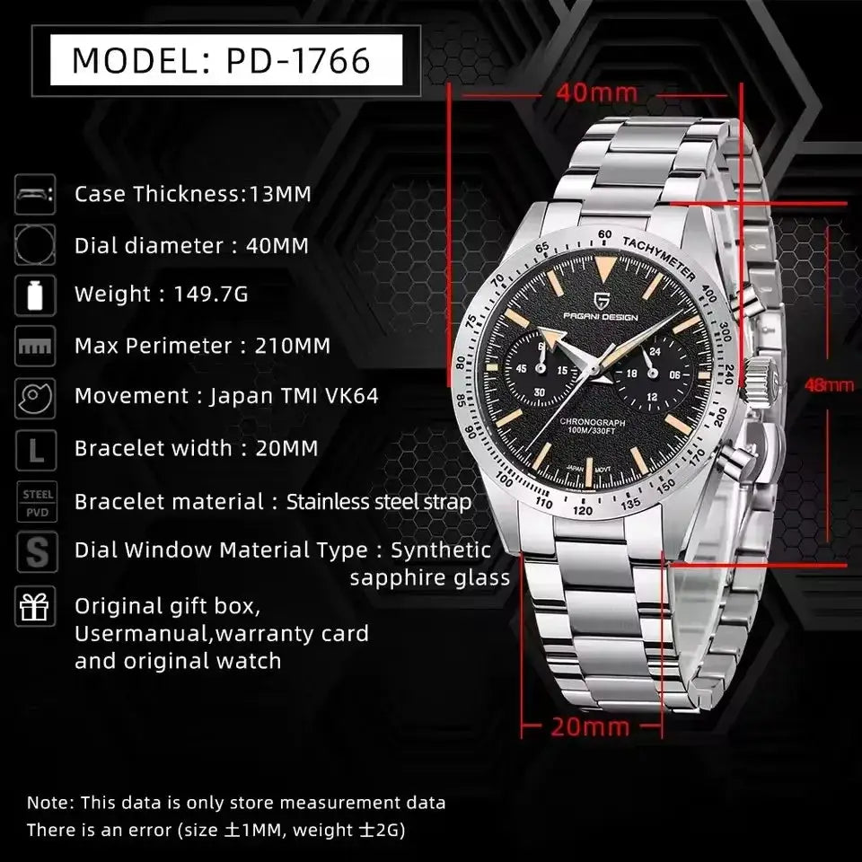 Pagani Design stainless steel men's chronograph watch with black dial, tachymeter bezel and luminous markers
