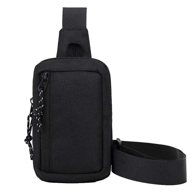 Crossbody bag for men in black nylon with front zip pocket and adjustable strap.