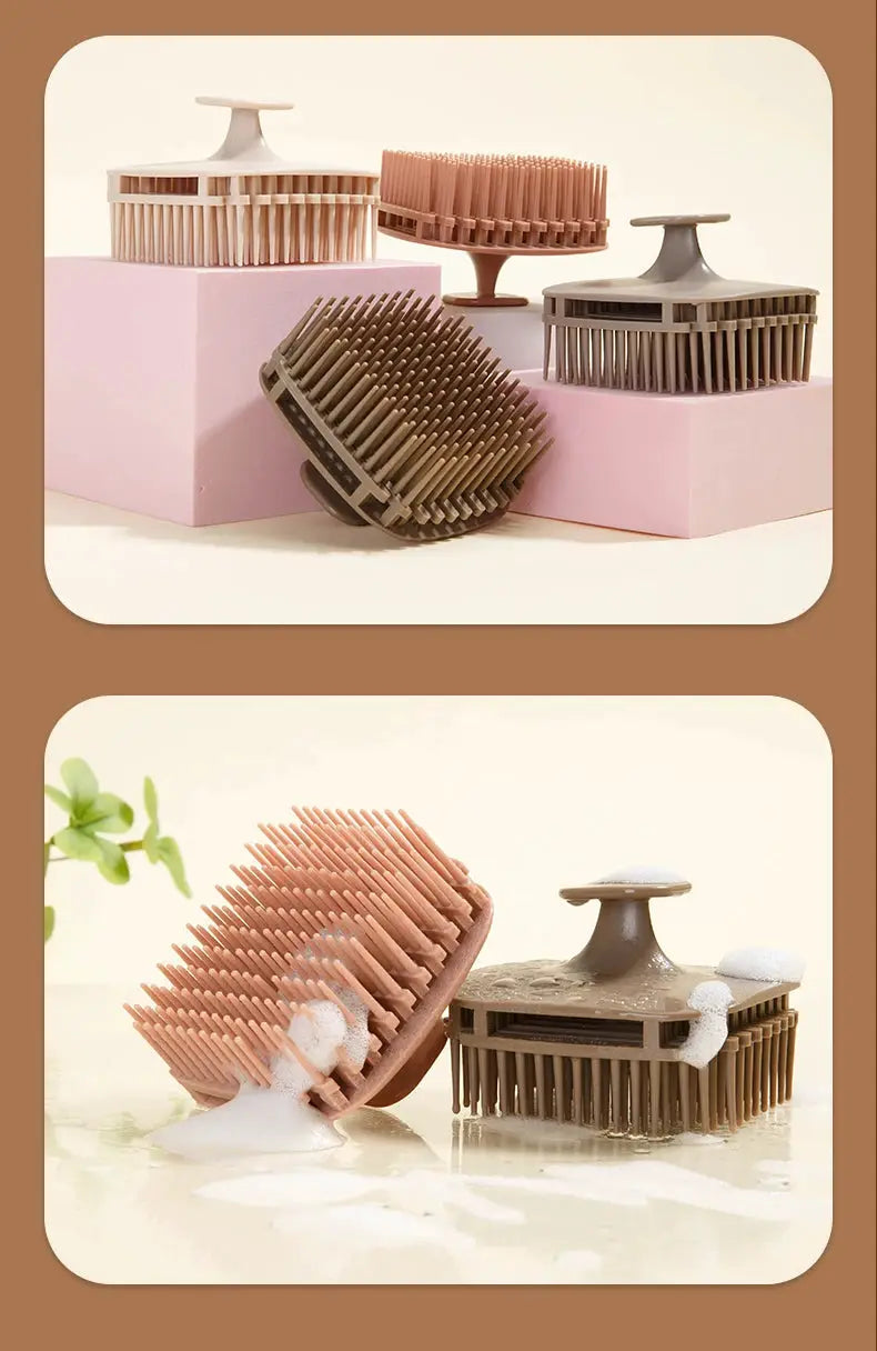 Silicone shampoo brush head set by Simples Market; four brown and beige scalp massage brushes