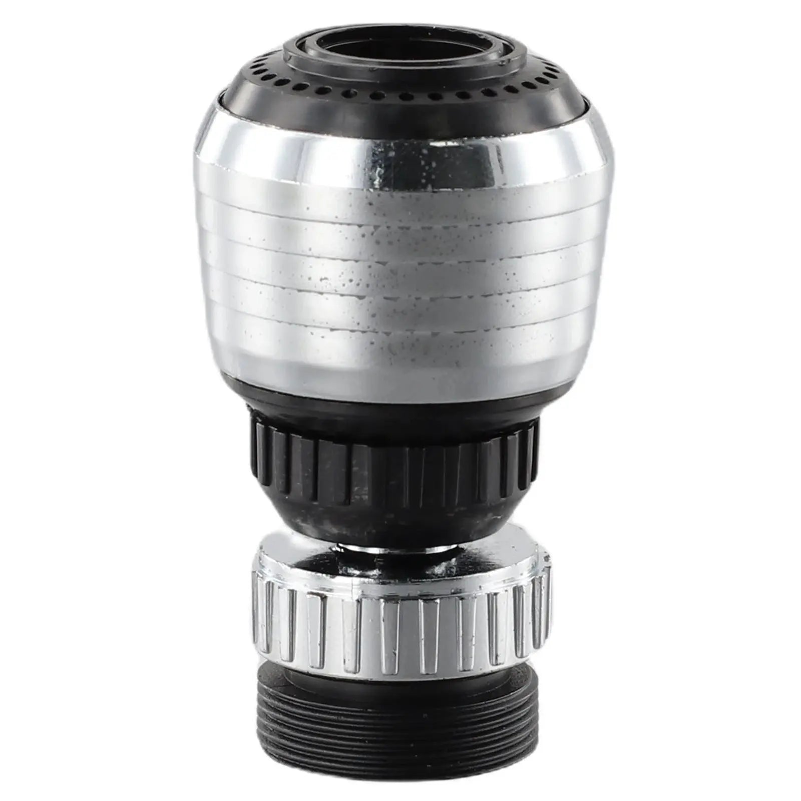Water saver tap aerator with chrome body and black collar, 360-degree swivel diffuser for kitchen and bath.