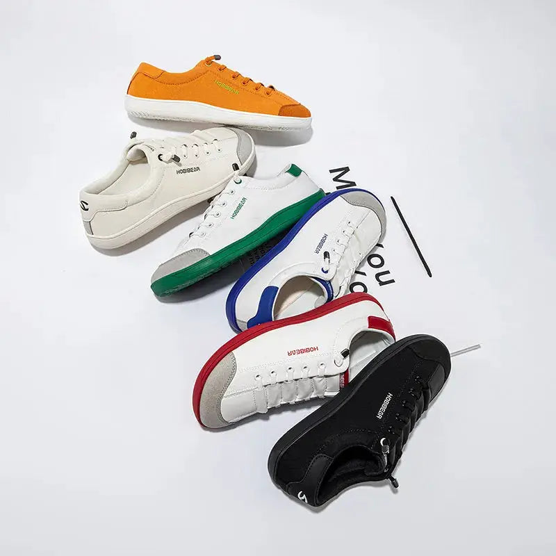 HOBIBEAR wide-toe barefoot sneakers, six pairs in canvas: orange, white-green, white-blue, white-red, black