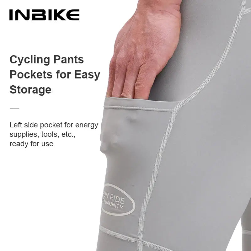 INBIKE cycling bib shorts, grey high-waisted with a left-side pocket for easy storage