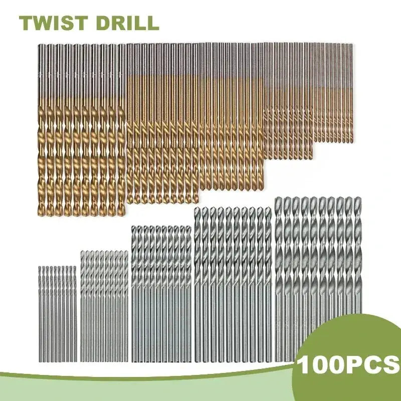 100 Piece Titanium Plated Twist Drill Bit Set 1 To 3mm For Wood And Metal Hand And Electric Drills