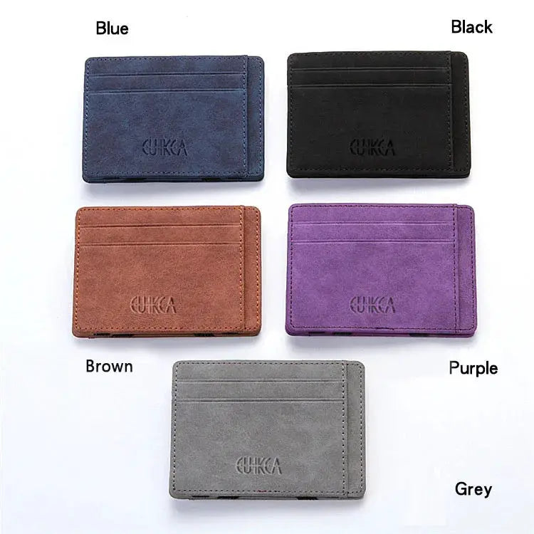 Mini men card holder wallets, PU leather, with front card slots, in blue, black, brown, purple, and grey