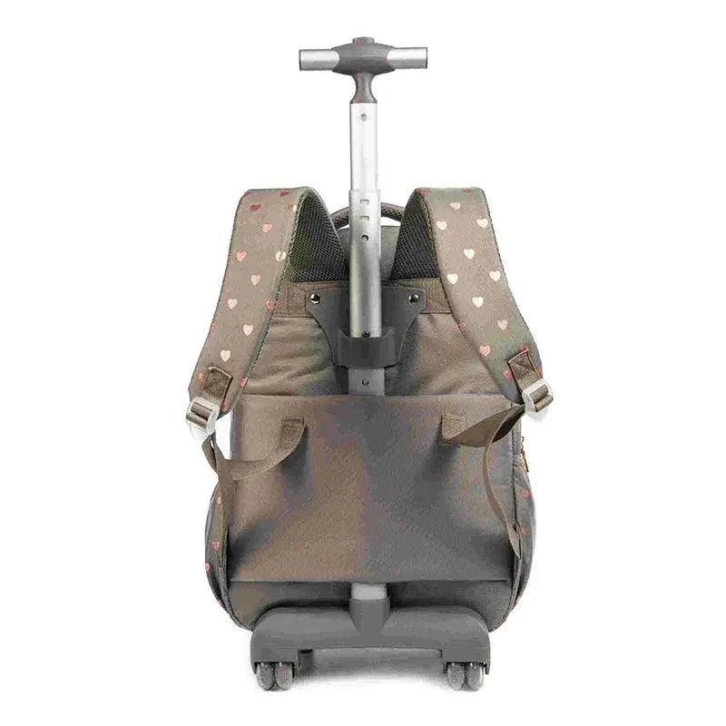 Simples Market children's wheeled school backpack on a rolling trolley, gray bag with pink heart-pattern straps.