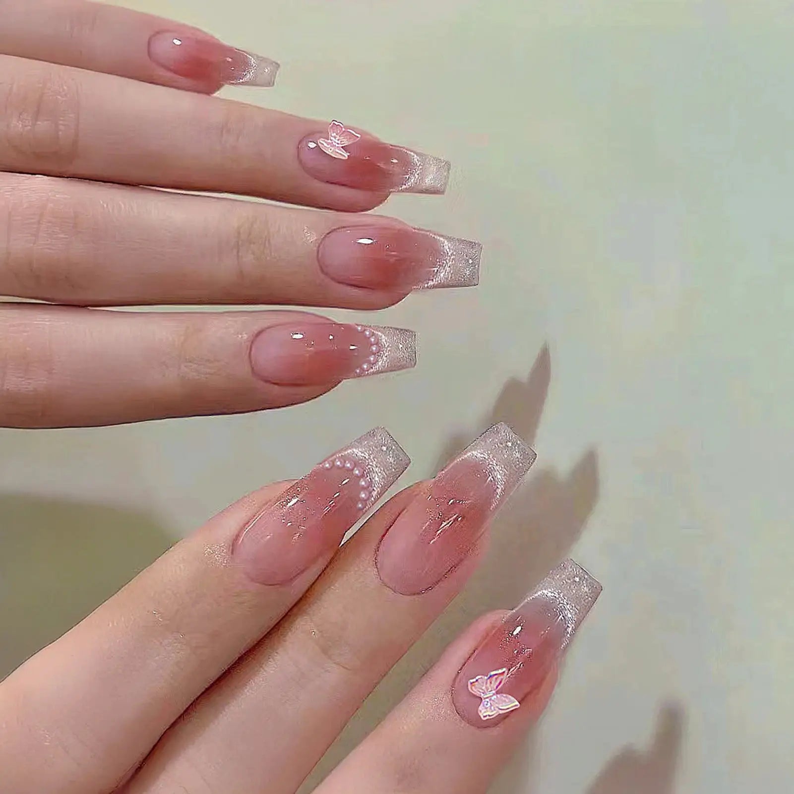 AuroraNails Ten Pieces Pink Butterfly Press On Nails Cat Eyes Blush Handmade DIY False Nails For Weddings And Parties